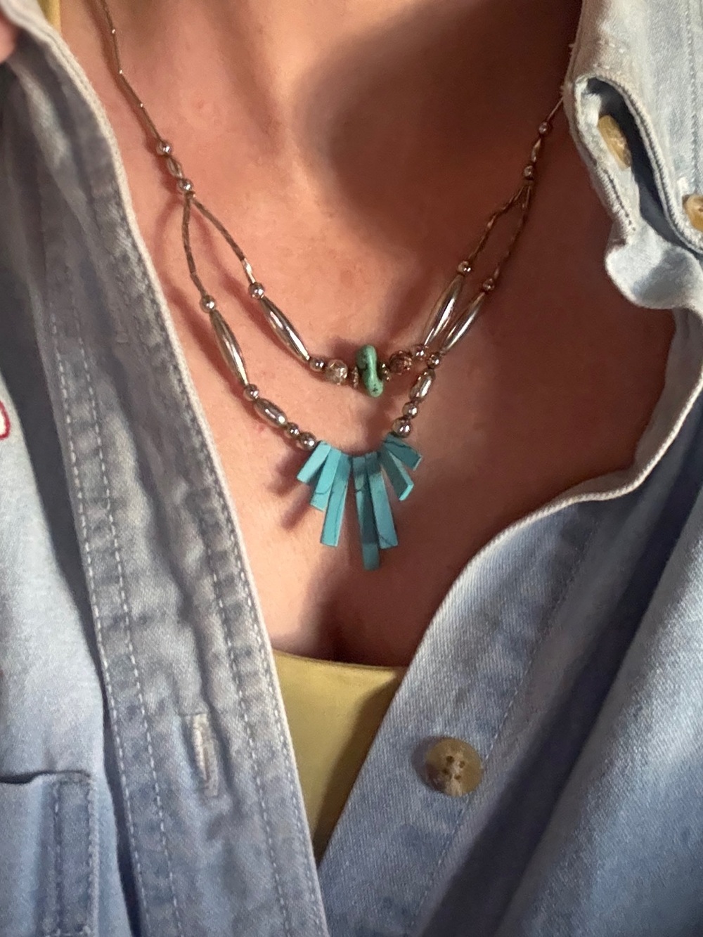 Vintage Turquoise fringe double beaded Silver Bead necklace m American Southwest